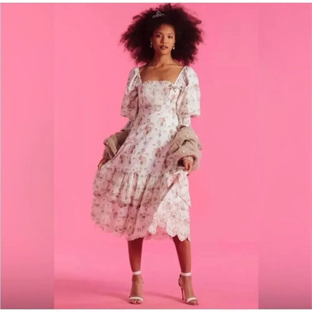 LoveShackFancy Toulon Midi Vanilla Kisses Embroidered Ruffle Dress Women’s Sz 6 - Picture 13 of 14